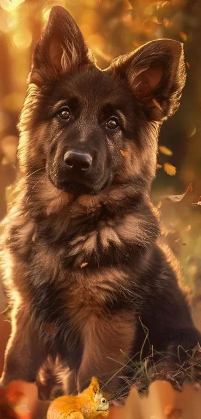 German Shepherd dog in autumn forest with colorful leaves.