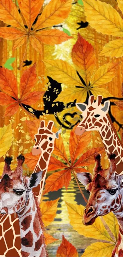 Giraffes among vibrant autumn leaves in artistic wallpaper design.