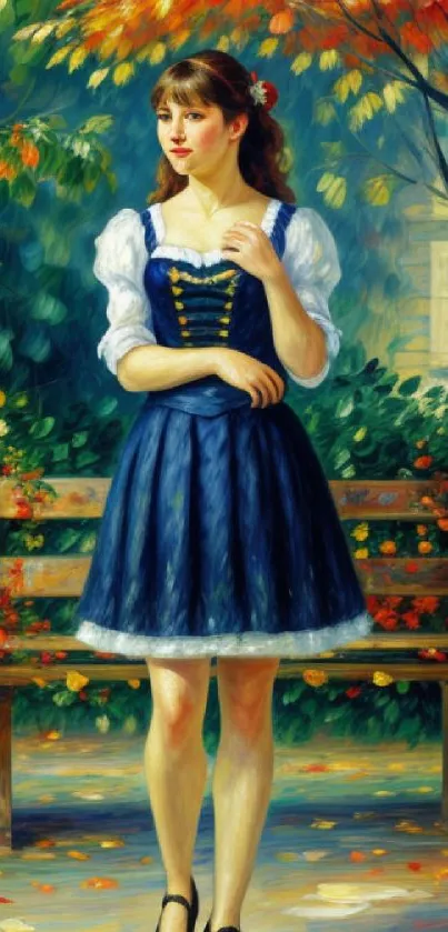 Woman in blue dress on autumn bench painting.