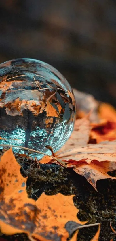 Glass globe on orange autumn leaves background.