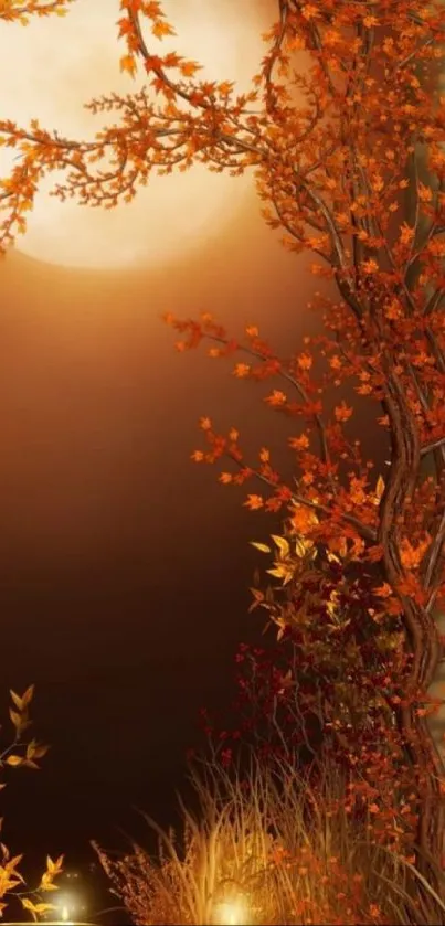 Autumn leaves and full moon wallpaper
