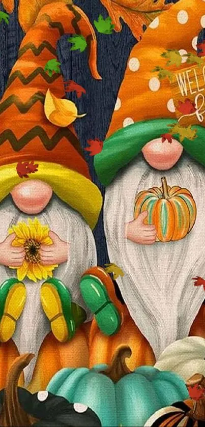 Colorful autumn gnomes with pumpkins and leaves.