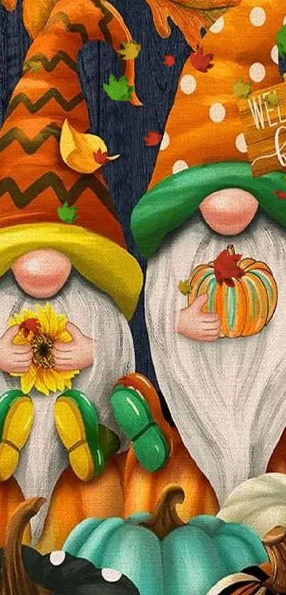 Autumn-themed wallpaper with gnomes and pumpkins.