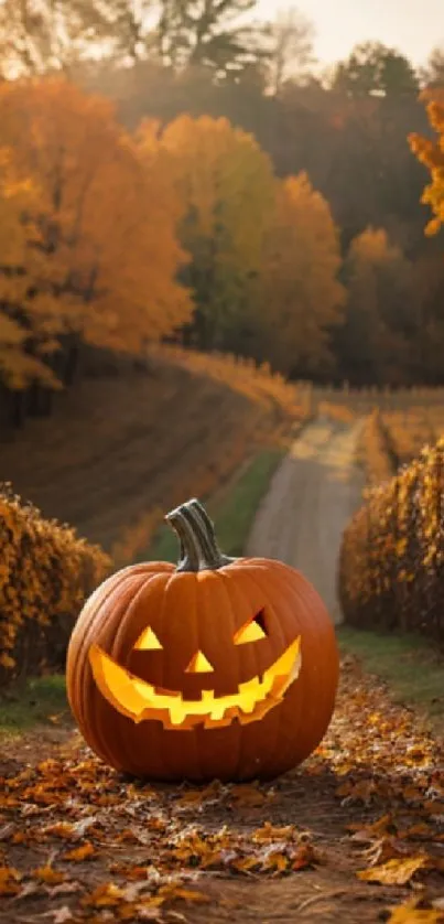 Halloween jack-o'-lantern on autumn road with vibrant leaves.