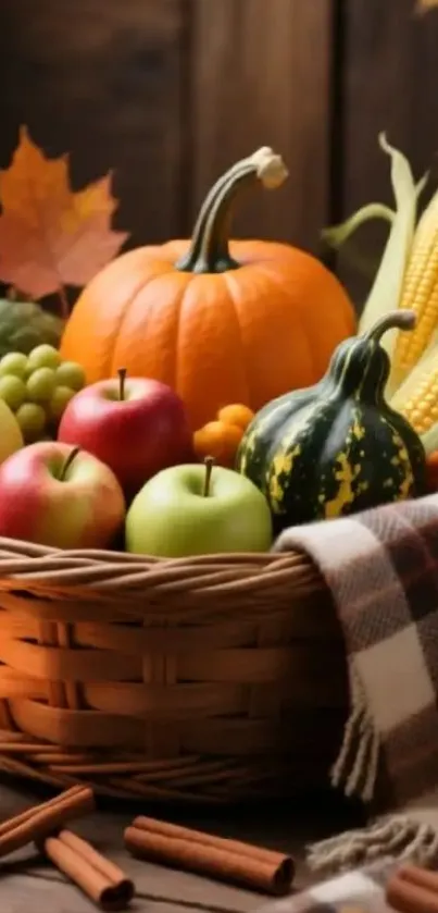 Autumn harvest wallpaper with pumpkins, apples, and corn.
