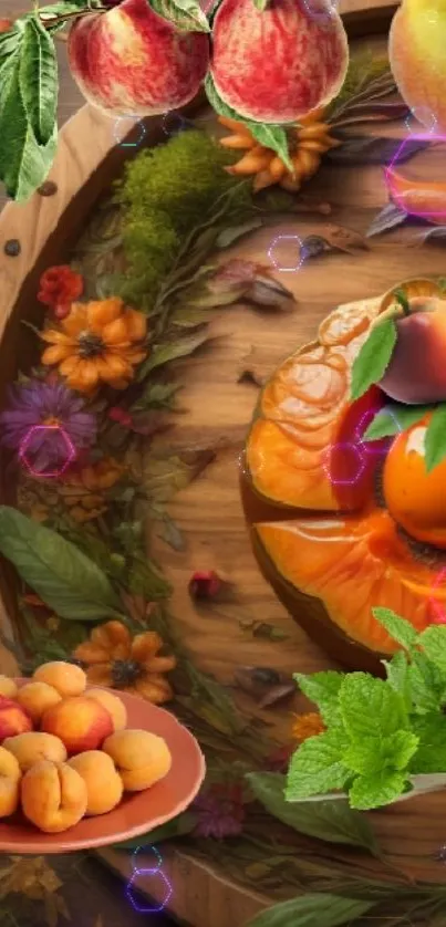 Autumn harvest theme with fruits and flowers on a wooden platter.