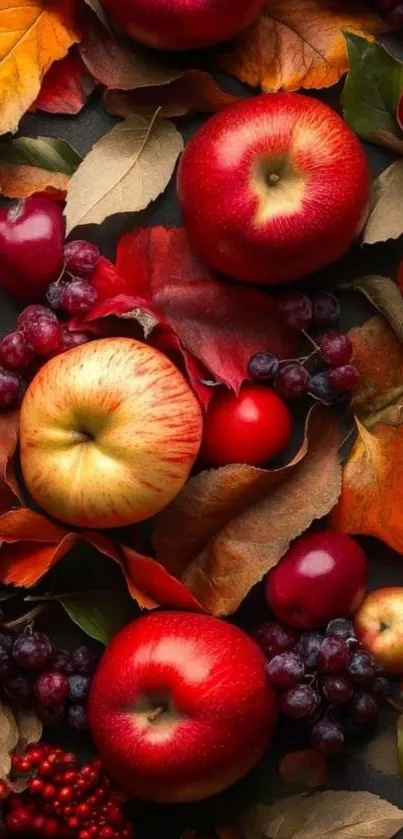 Autumn harvest wallpaper with red apples and fall leaves.