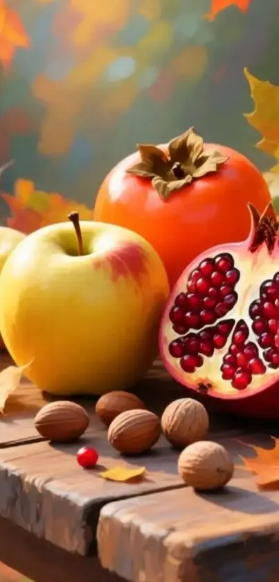 Autumn harvest fruits on a table with colorful leaves.