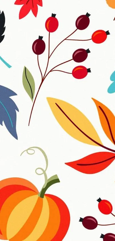 Autumn-themed wallpaper with leaves, berries, and a pumpkin, vibrant fall colors.