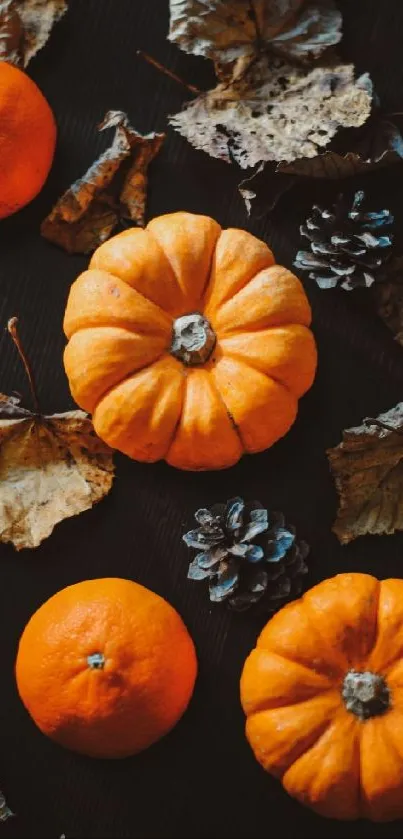 Orange pumpkins and fruits on autumn leaves background.