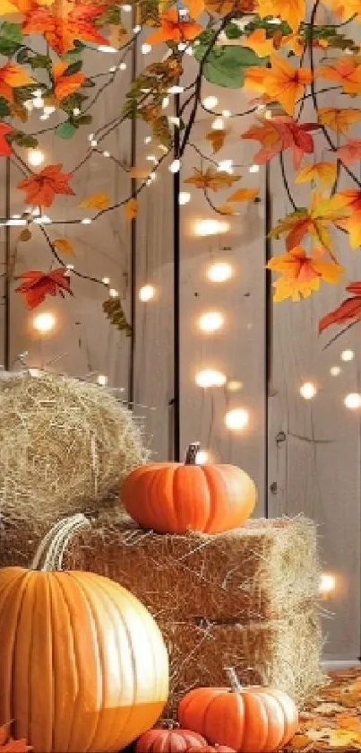 Autumn-themed mobile wallpaper with pumpkins, hay bales, and fairy lights.