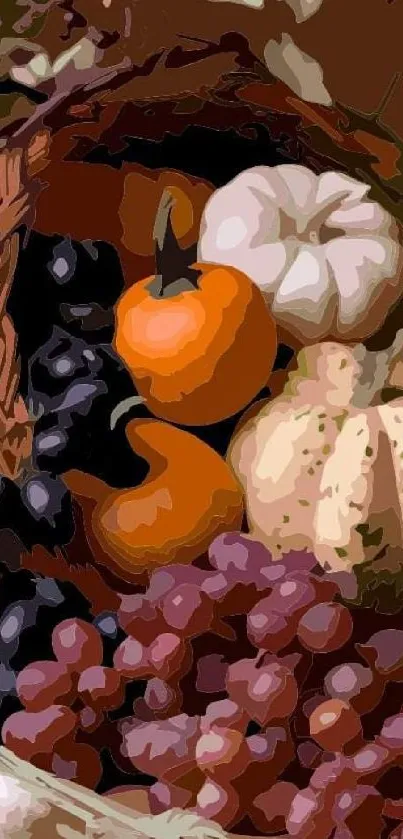 Autumn harvest wallpaper with pumpkins and grapes in warm brown tones.