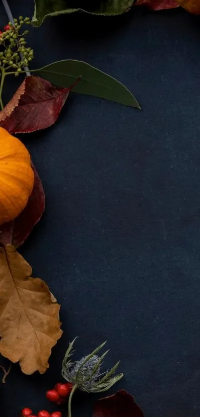 Autumn-themed wallpaper with pumpkins and leaves on a dark blue background.