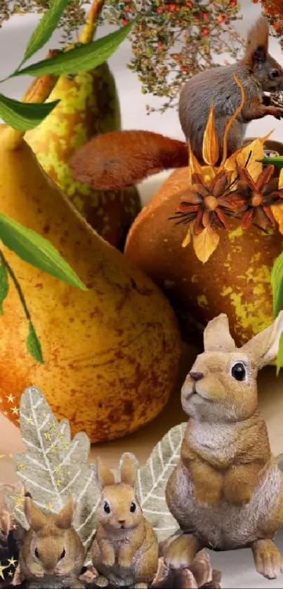 Mobile wallpaper with autumn pears and squirrels on a ceramic plate.