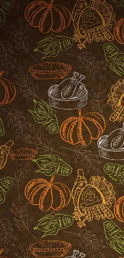 Autumn themed wallpaper with pumpkins, pies, and turkeys.