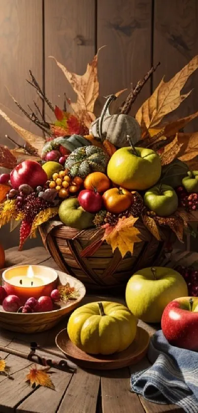 Autumn harvest display with pumpkins and fruits on a wooden table.