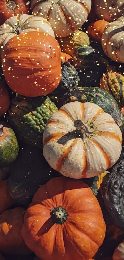 Colorful assortment of pumpkins and gourds in a vibrant autumn harvest display.