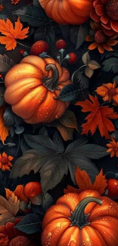 Orange pumpkins and autumn leaves pattern.