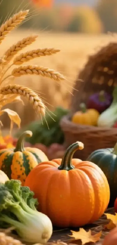 Autumn harvest display with pumpkins and vegetables in a vibrant fall setting.
