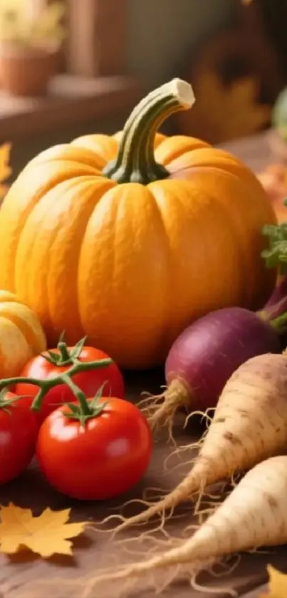Assorted autumn vegetables on rustic wooden table.