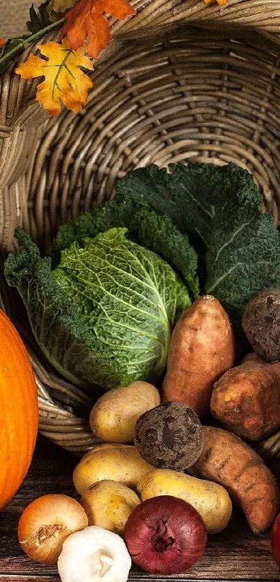 Basket of harvest vegetables with pumpkins and leaves in autumn theme.