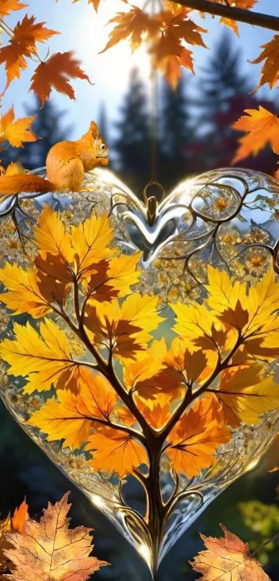 Autumn-themed heart-shaped glass art with vibrant orange leaves.