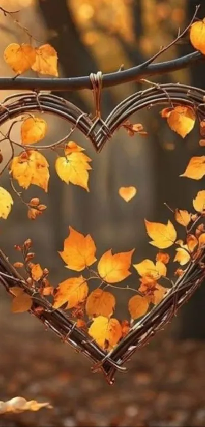 Heart-shaped twig frame with autumn leaves, set in a forest.