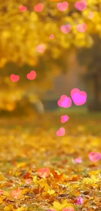 Mobile wallpaper with autumn leaves and pink hearts.