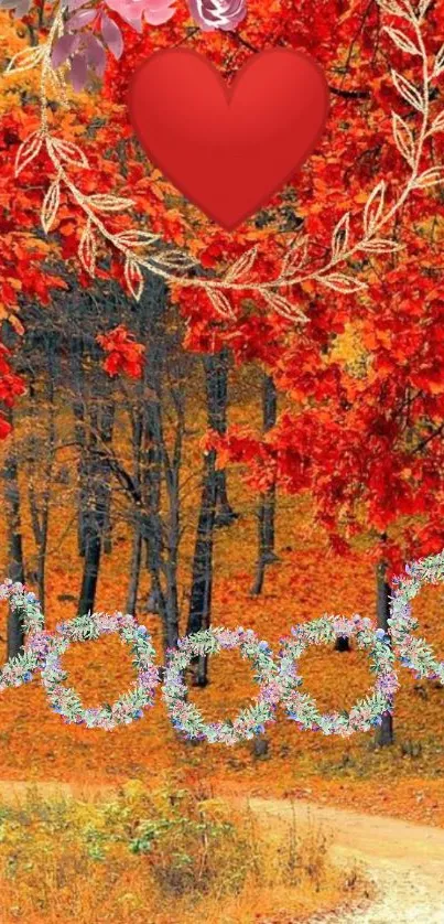 Autumn themed wallpaper with red leaves and heart design.