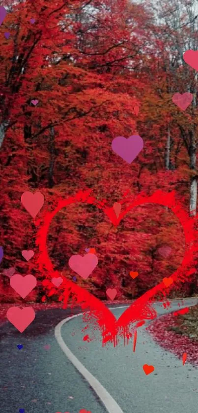 Heart-shaped design on autumn road wallpaper with vibrant red foliage.