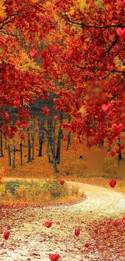 Vibrant autumn leaves and hearts on a scenic path.