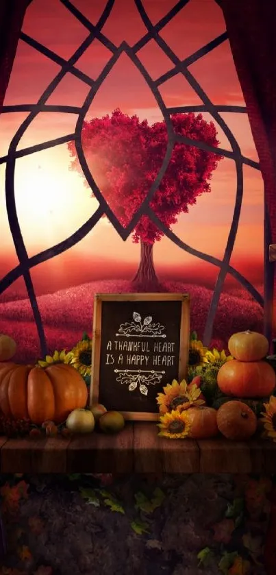 Autumn tree heart with pumpkins and sunset scene.