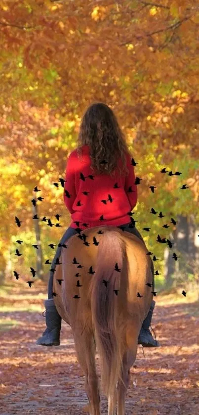 Autumn scene with horseback rider on leafy trail.