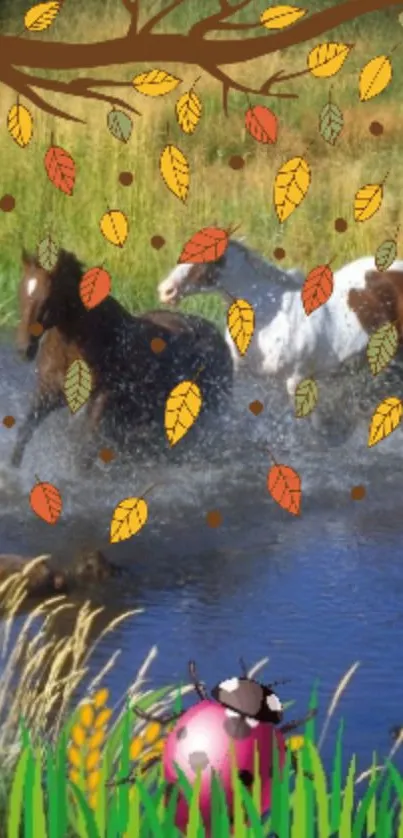 Mobile wallpaper of horses in water with autumn leaves.