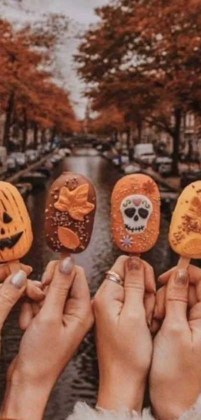 Autumn-themed ice cream against a fall landscape.