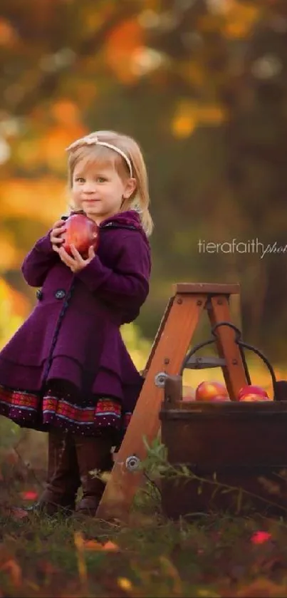 Child holding apples in an autumn setting with vibrant colors.