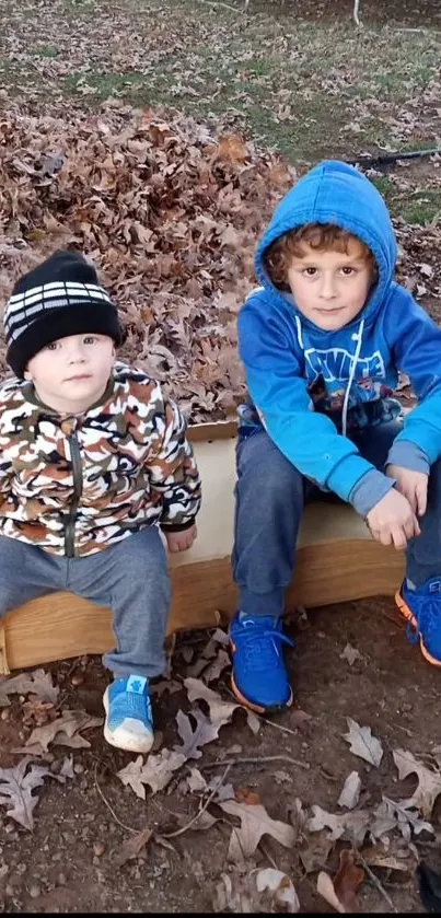 Two children sitting among autumn leaves in blue hoodies, exuding warmth and playfulness.