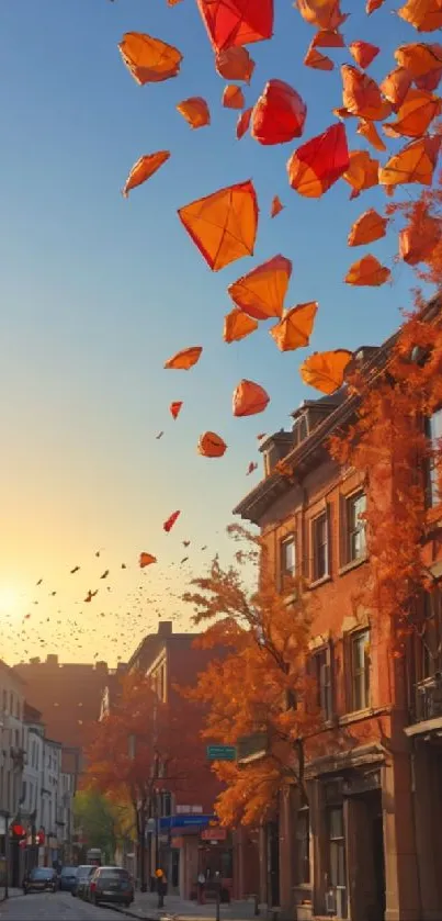 Kites in autumn sky over a city, glowing with orange hues.