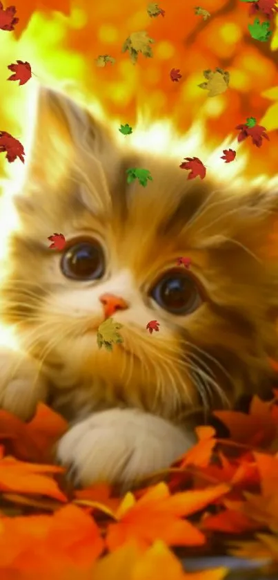 Adorable kitten among vibrant autumn leaves on a mobile wallpaper.