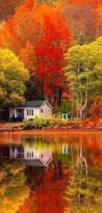 Autumn lake house surrounded by colorful trees reflecting in the water.