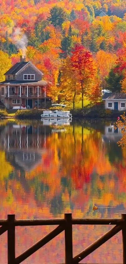 Beautiful autumn lake house with vibrant foliage and reflections.