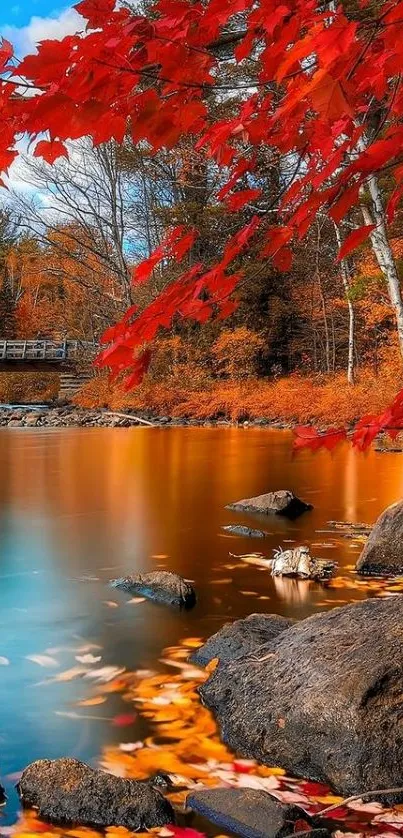 Autumn lake surrounded by red foliage and serene landscape.