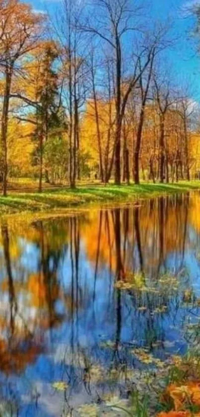 Beautiful autumn lake reflecting colorful trees and clear blue skies.