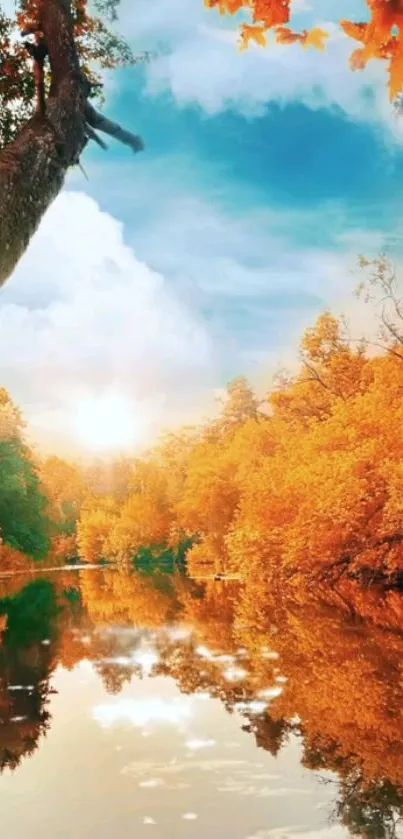 Serene autumn landscape with lake reflection and vibrant orange trees.