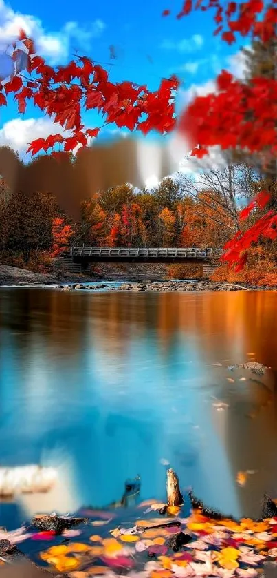 Autumn lake with red leaves and a bridge, capturing serene nature beauty.