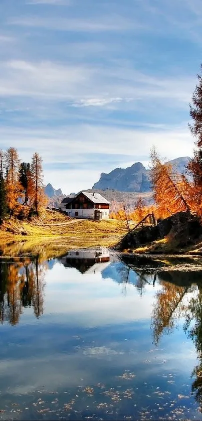 Autumn scenery with lake and colorful trees reflecting a bright blue sky.