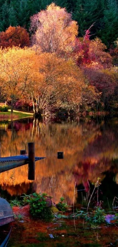 Autumn lake with colorful foliage reflections.