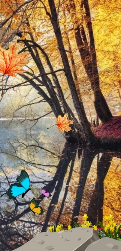 Autumn scene with lake reflection, butterflies, and vibrant leaves wallpaper.