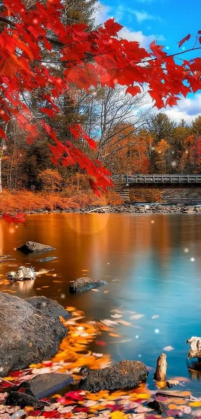 Stunning autumn lake scene with red foliage and blue sky.