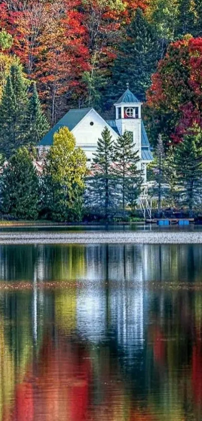 Autumn lakeside scene with colorful trees and house reflection.